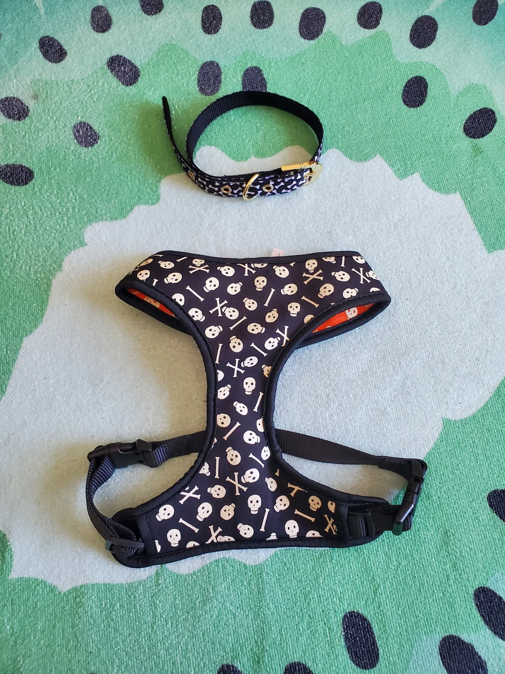 Black Skull & Crossbones Dog Harness with Matching Collar - Size Medium